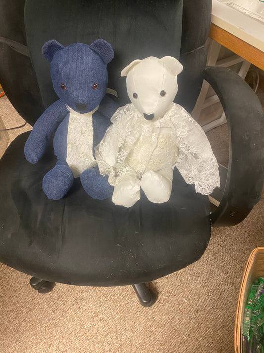 17 Memory Teddy Bears made from a wedding dress and blue jeans