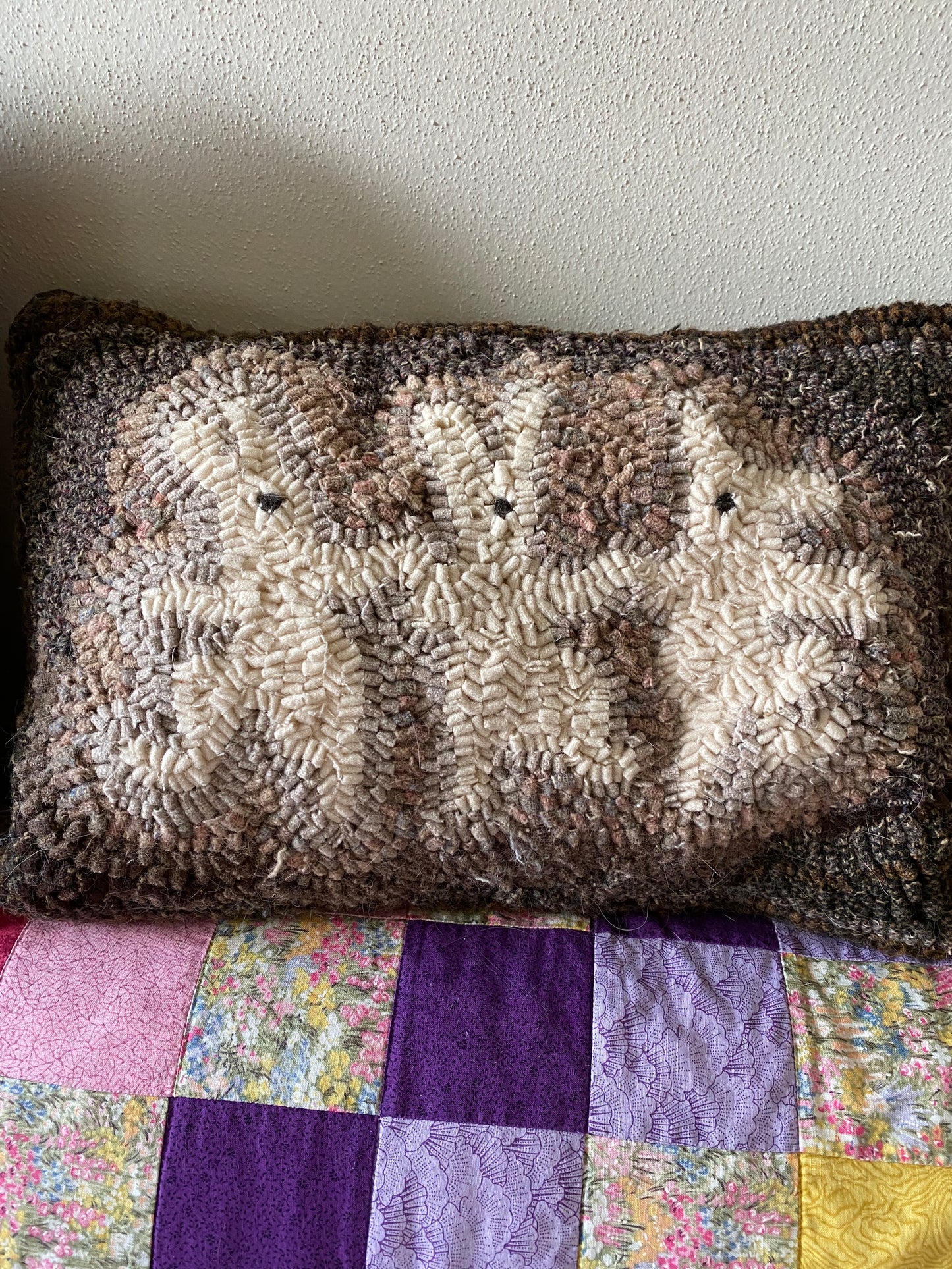 RUG HOOKED PILLOW Rabbits Dancing